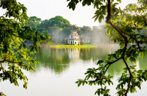 Hoan Kiem lake Turtle Tower in Hanoi Hoan Kiem foggy lake in Vietnam